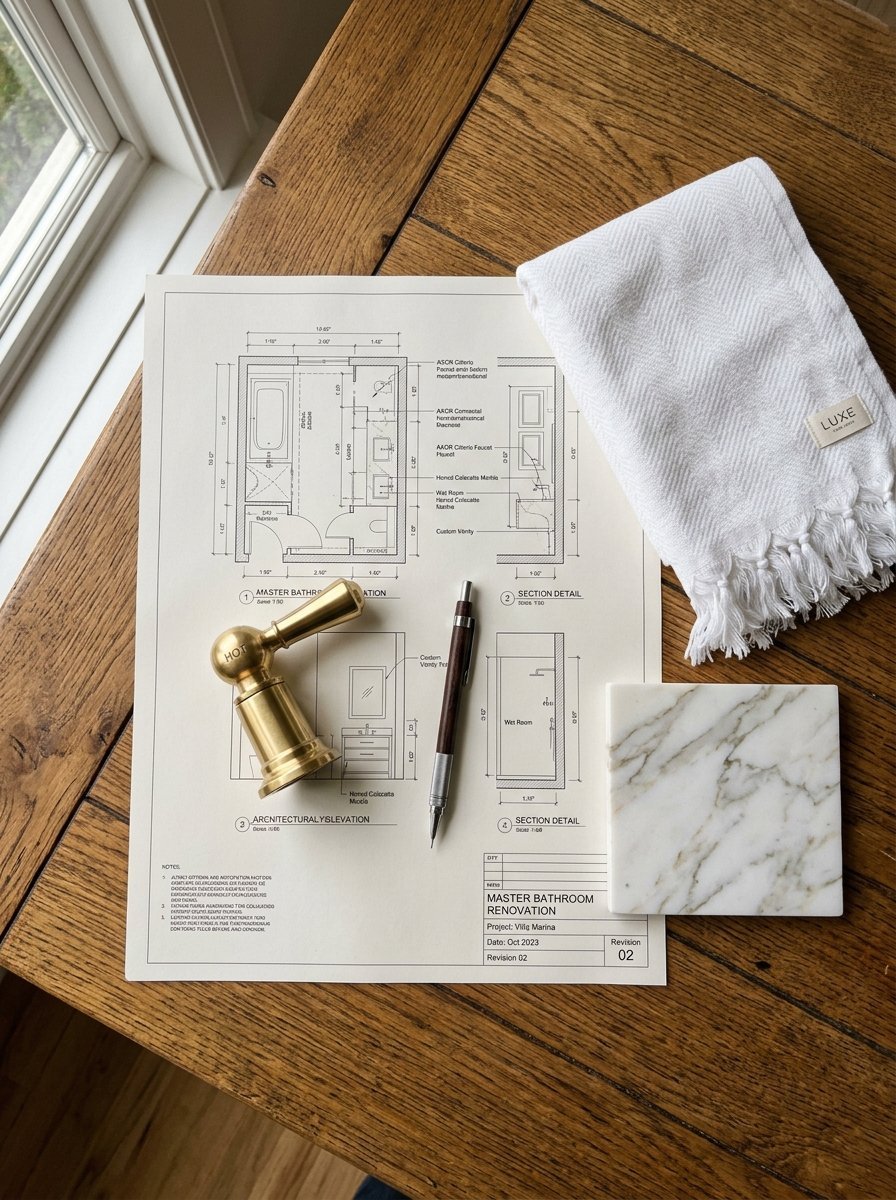 Architectural floor plans for a bathroom remodel featuring a gold faucet handle, drafting pencil, and white marble sample.