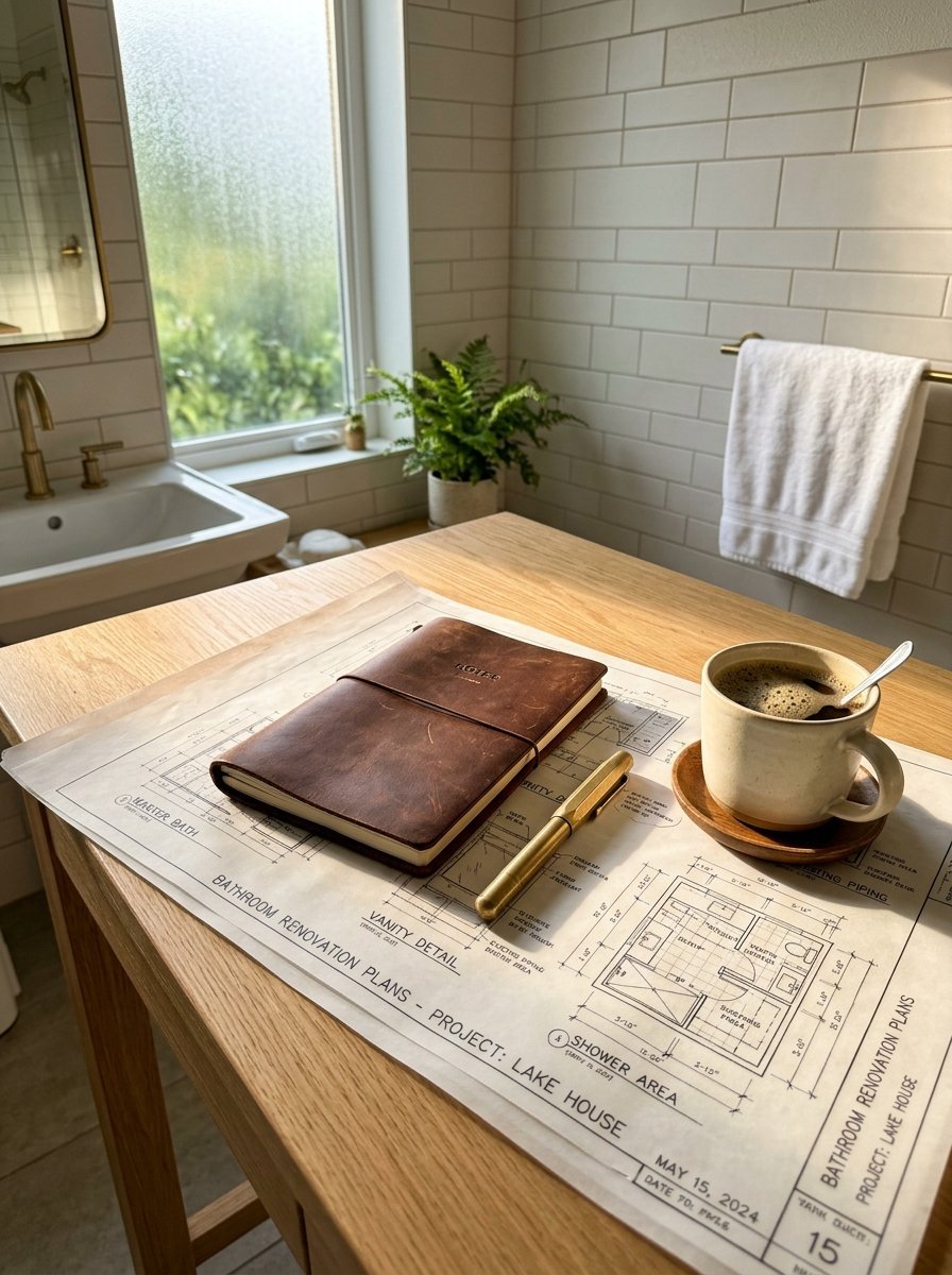 Coffee mug and leather notebook resting on bathroom floor plans inside a modern white tiled bathroom.