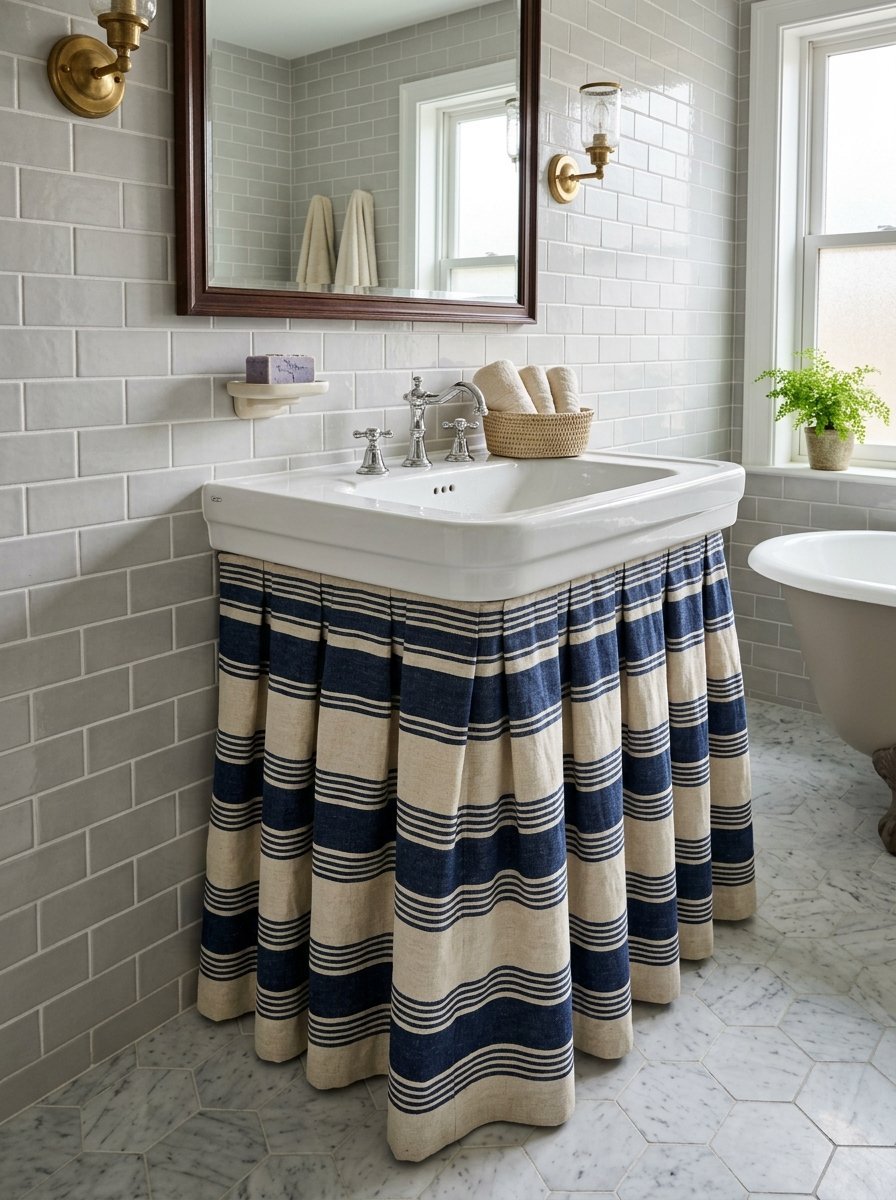 Ceramic sink with a pleated navy blue striped linen skirt enclosure in a tiled bathroom with marble flooring.
