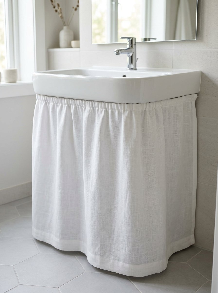A porcelain bathroom basin featuring a gathered white linen curtain covering the plumbing underneath.
