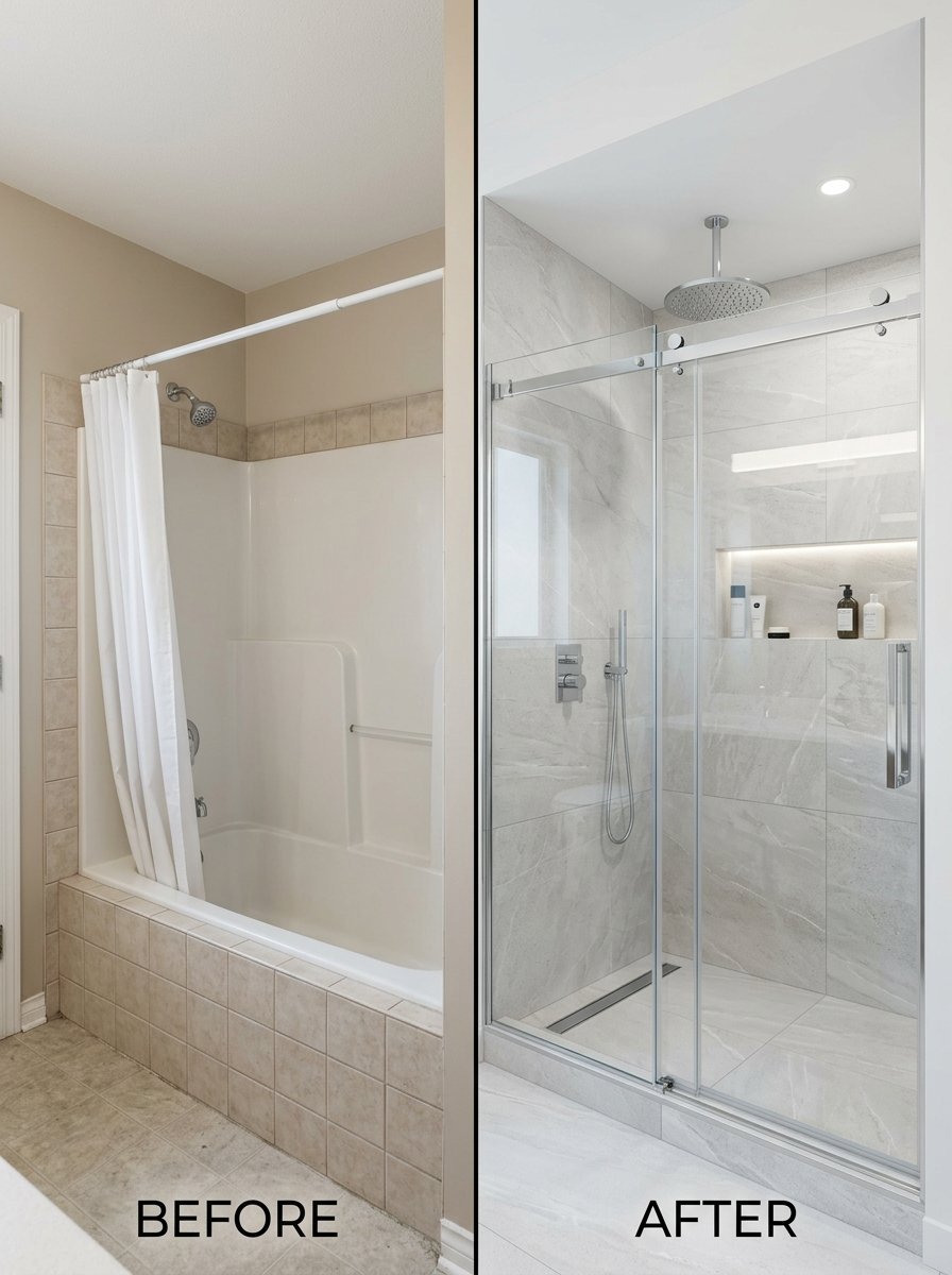 Split screen showing an old tub shower combo replaced by a modern glass walk-in shower with stone tile.