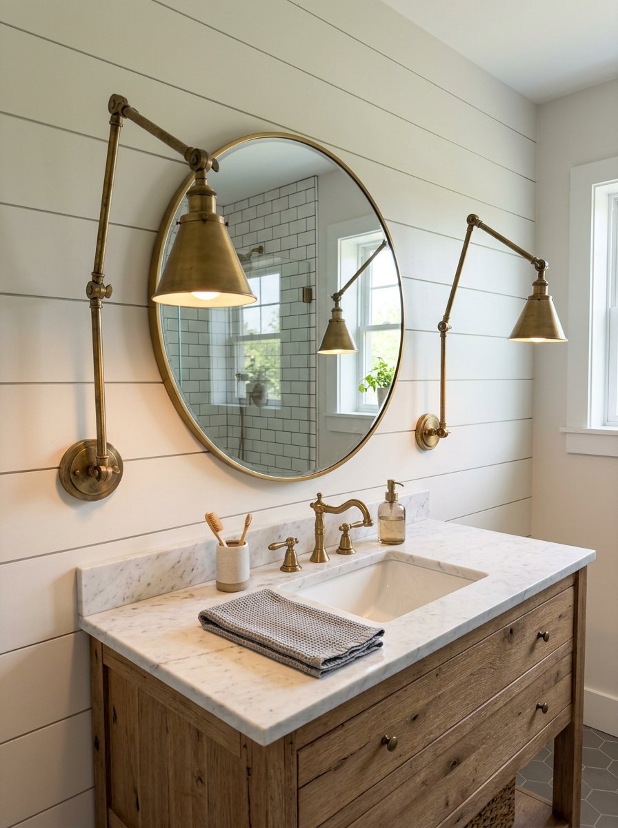 Modern bathroom vanity featuring a white marble countertop, round gold mirror, and two wall-mounted cone lamps.