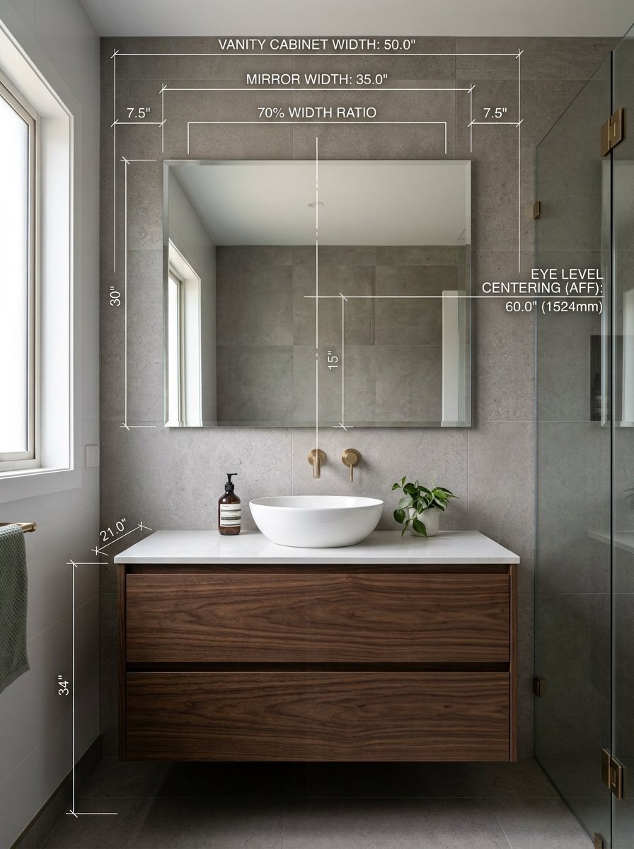 A bathroom vanity with technical dimension overlays for mirror and cabinet spacing on a grey tiled wall.