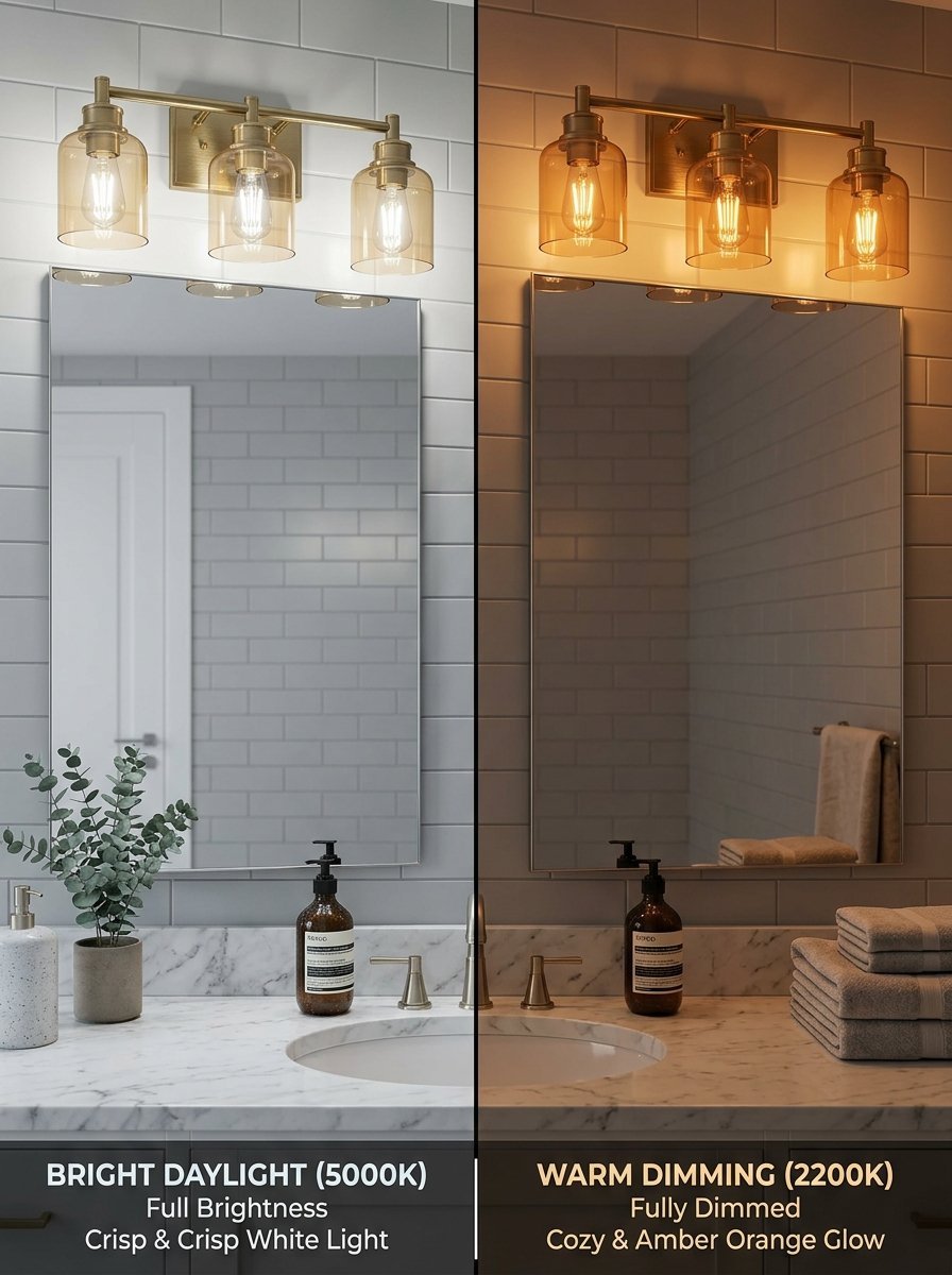 A bathroom mirror with a three-light brass fixture showing 5000K bright white lighting versus 2200K warm amber lighting.