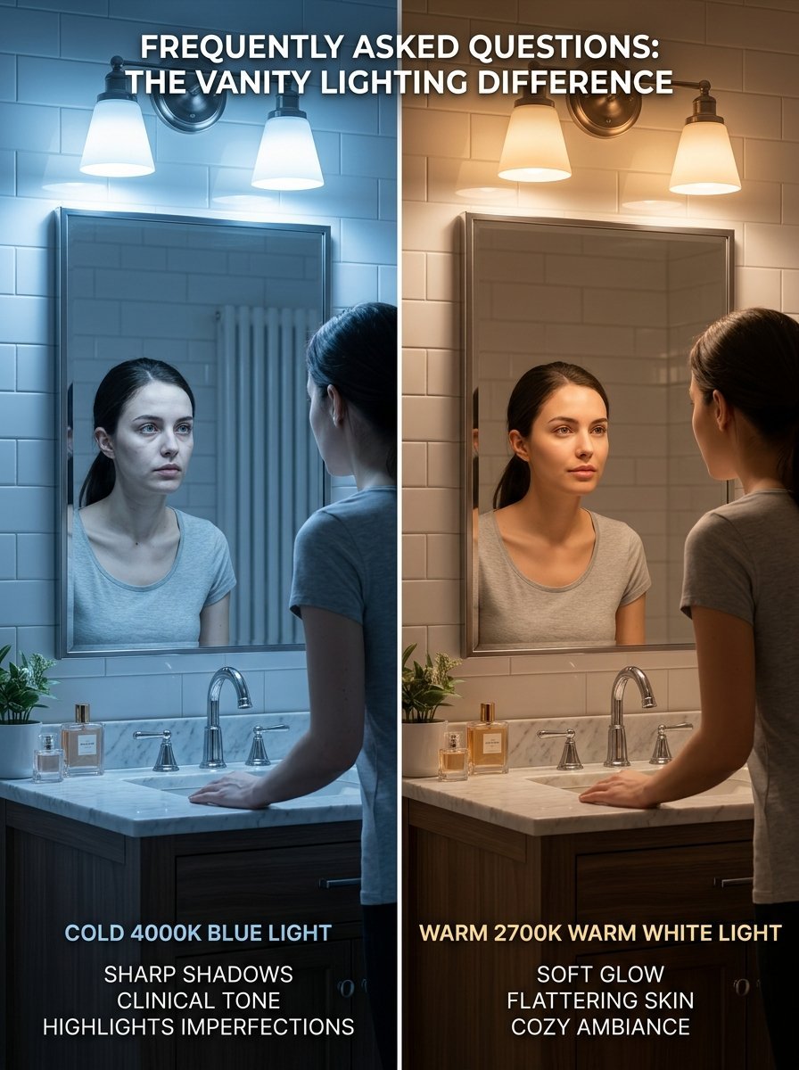Split screen showing a woman using a mirror under clinical blue 4000K light vs warm 2700K lighting.