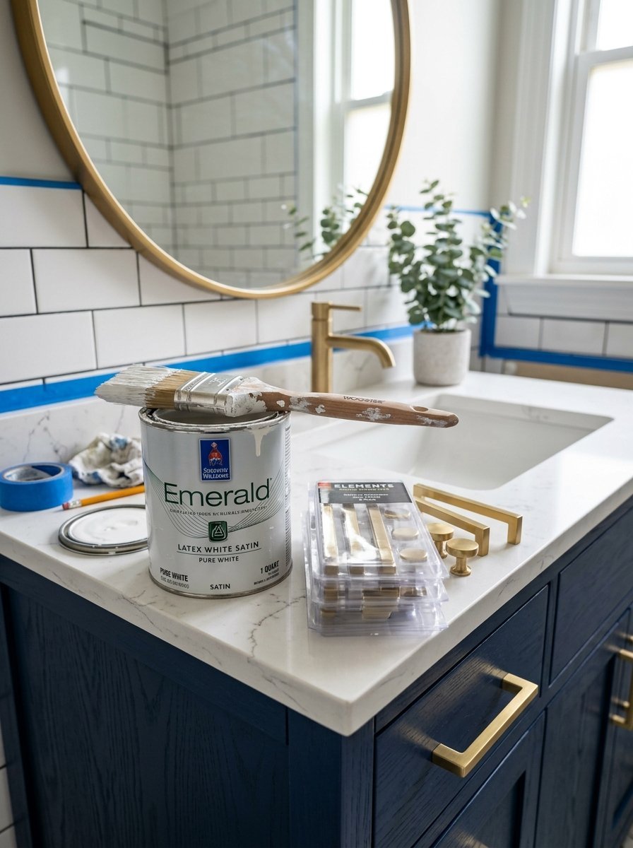 Emerald white paint and new brass cabinet pulls sitting on a renovated bathroom vanity.