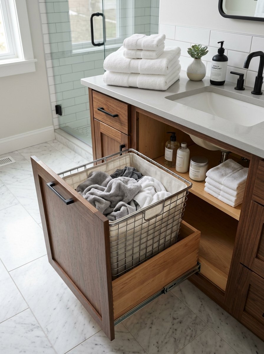 A wooden bathroom vanity with a wire basket drawer holding laundry nestled inside.