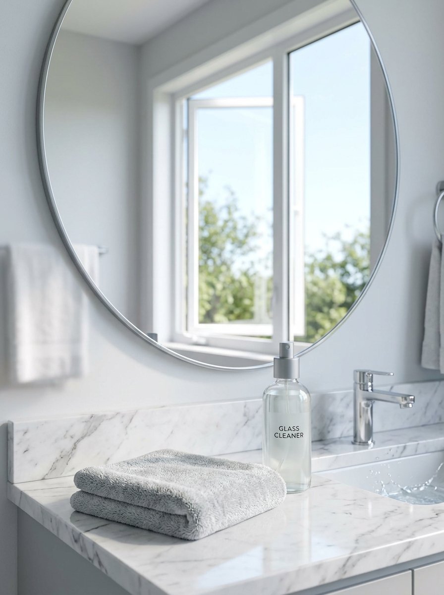 Close up of a gray microfiber towel and glass cleaner bottle sitting on a marble sink vanity by a circular mirror.