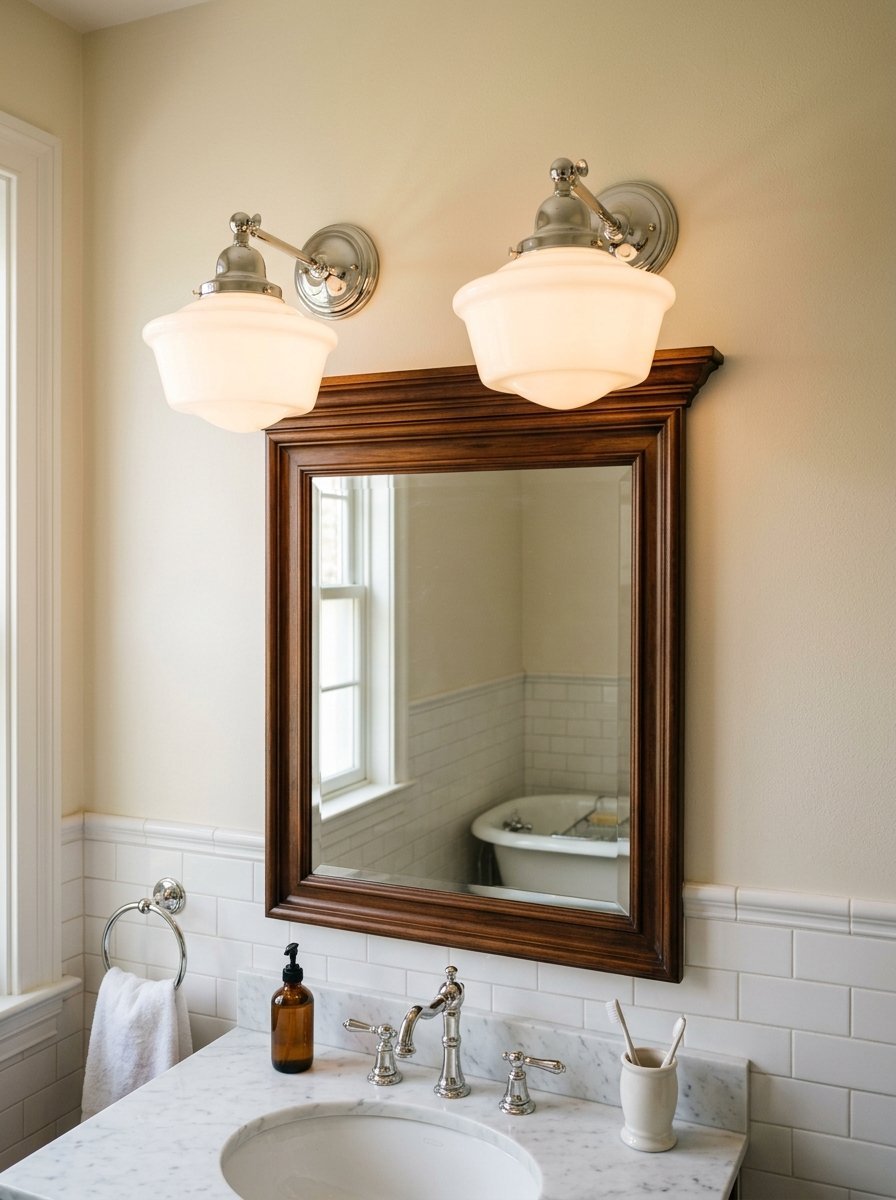 A wooden framed mirror hanging above a marble bathroom vanity with two white dome sconce lights.