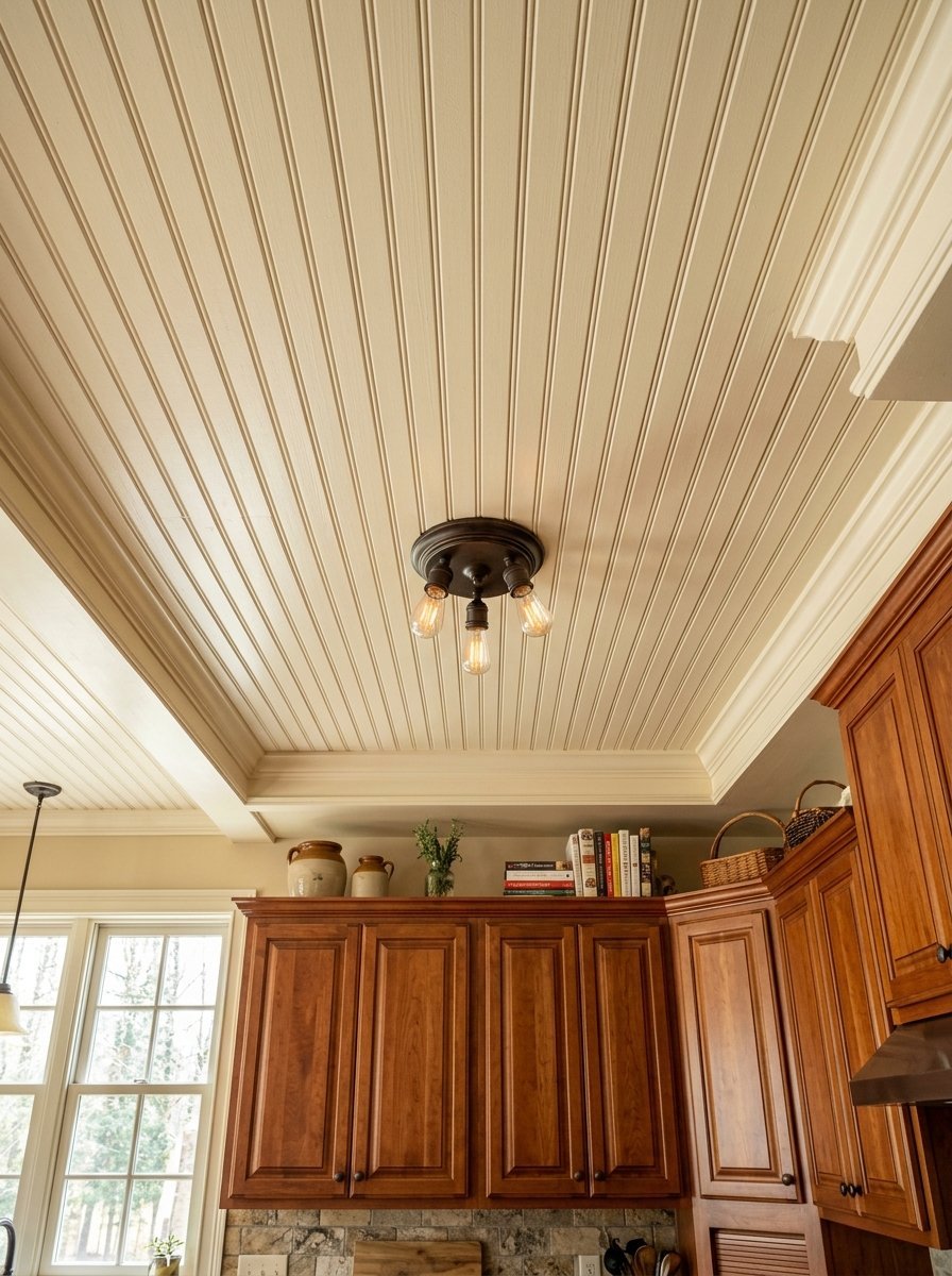 Close up of a cream colored wood plank ceiling featuring a three-light bronze semi-flush mount fixture.