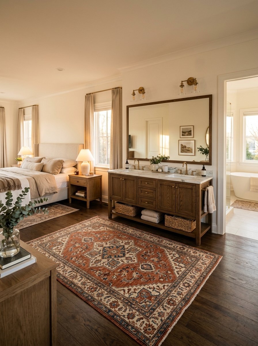 Spacious bedroom interior with a wooden dual-sink vanity, patterned area rug, and an adjoining white bathroom.