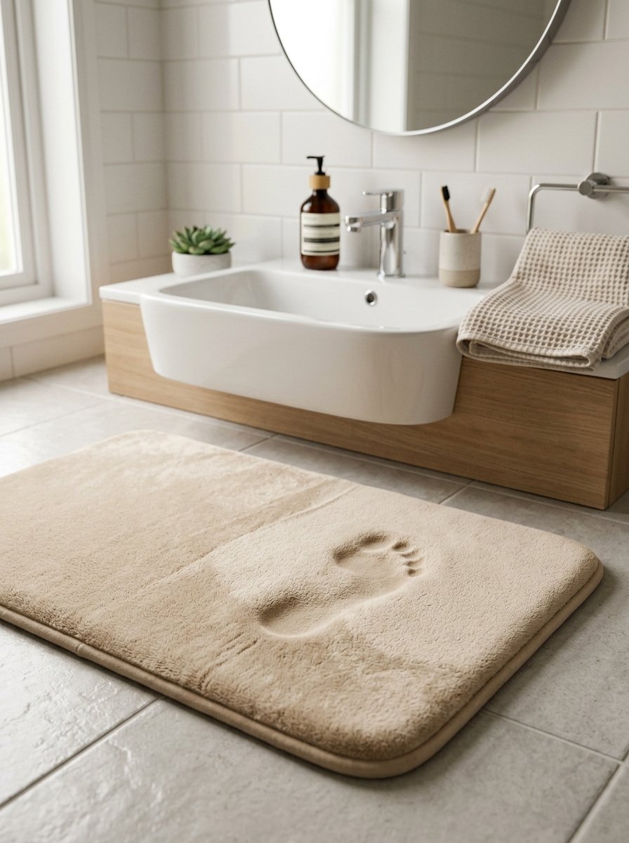 Soft tan memory foam floor mat with a footmark indentation in front of a modern bathroom vanity.