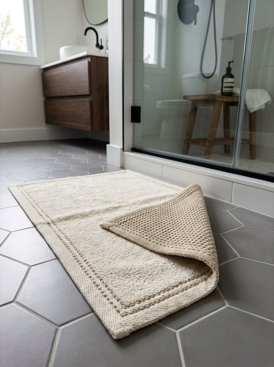 A beige textured rectangular bath rug with a corner turned up on a grey tiled bathroom floor.
