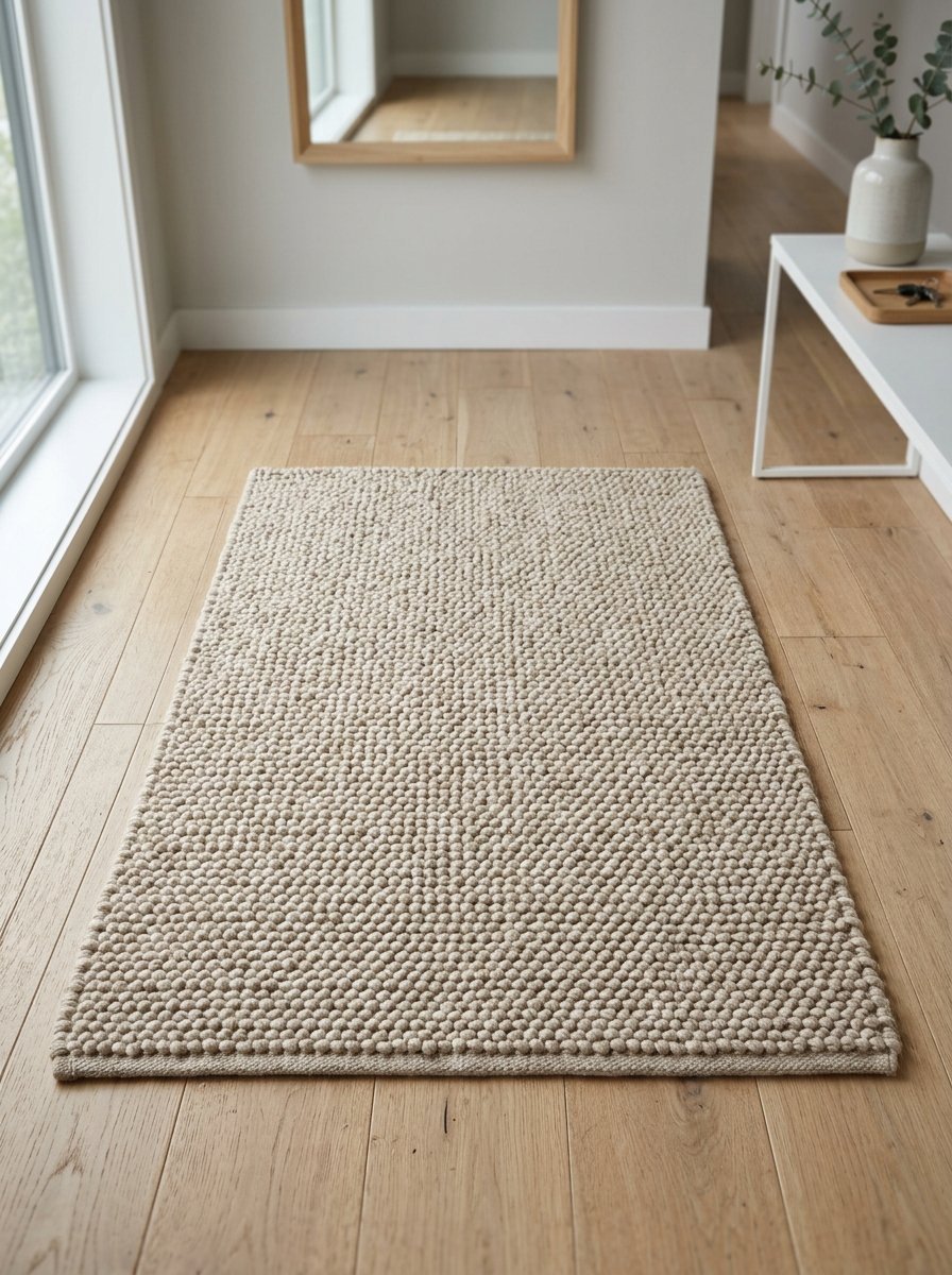 Rectangular rug with a bumpy, neutral-colored pebble weave placed in a bright, modern entryway.