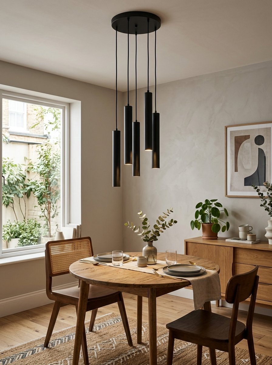 A modern black five-light cylindrical chandelier hanging over a round timber dining table.