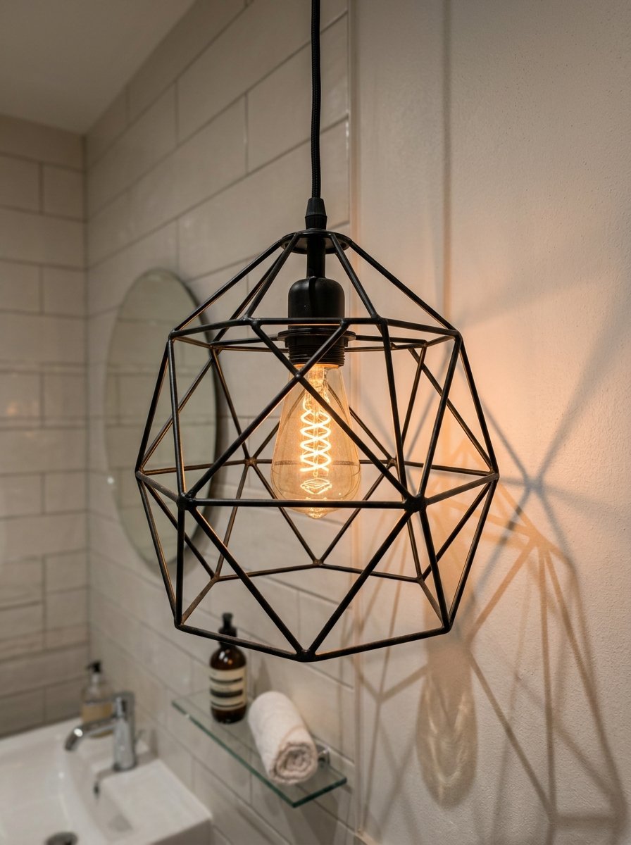 A black metal geometric pendant light hangs in a bathroom with glowing Edison-style light bulb.