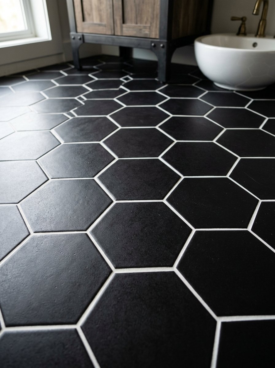 Close up of matte black hexagonal floor tiles featuring bright white grout lines in a residential bathroom.
