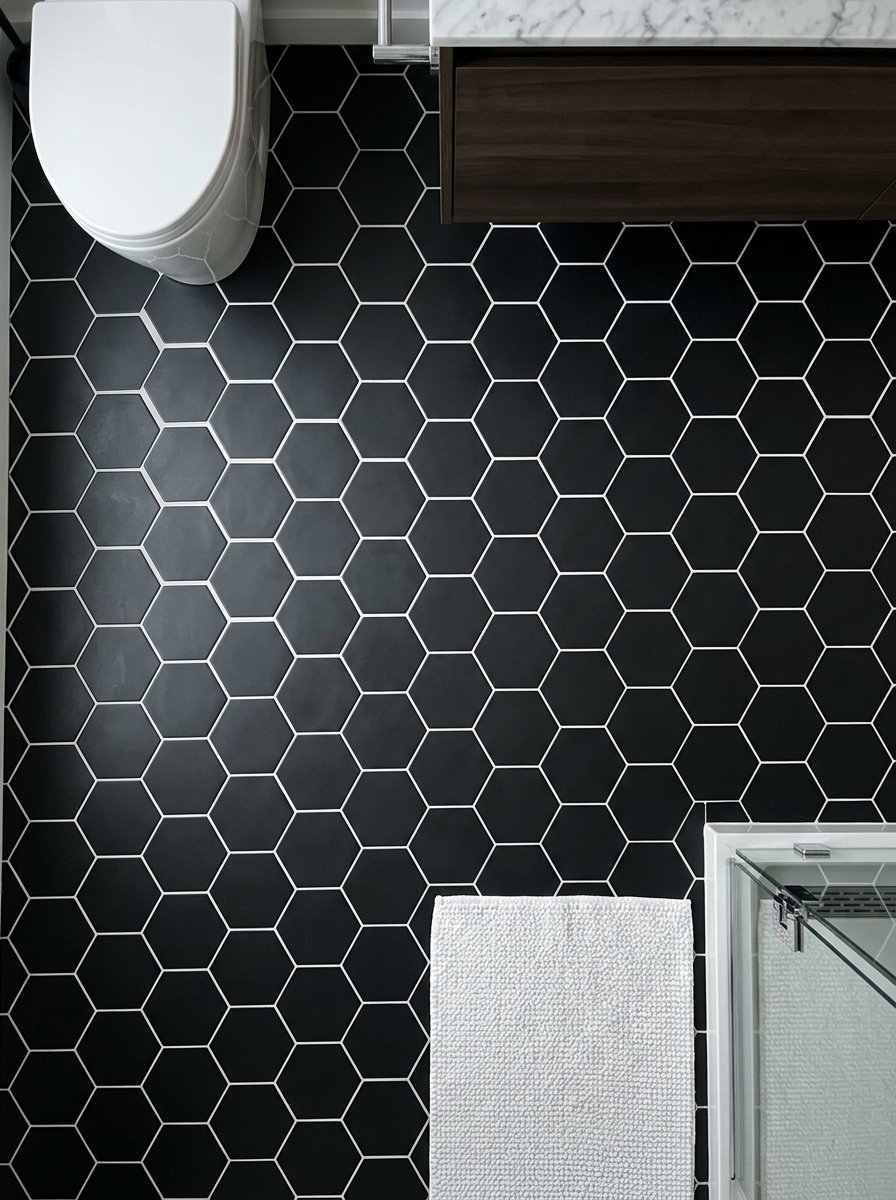 Aerial view showing black hexagonal floor tiles with white grout in a contemporary bathroom setting.