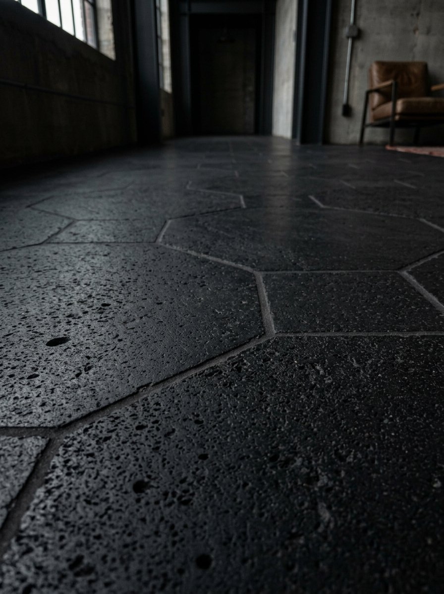 Close up of dark porous hexagon-shaped concrete pavers on the floor of an open-concept industrial loft.