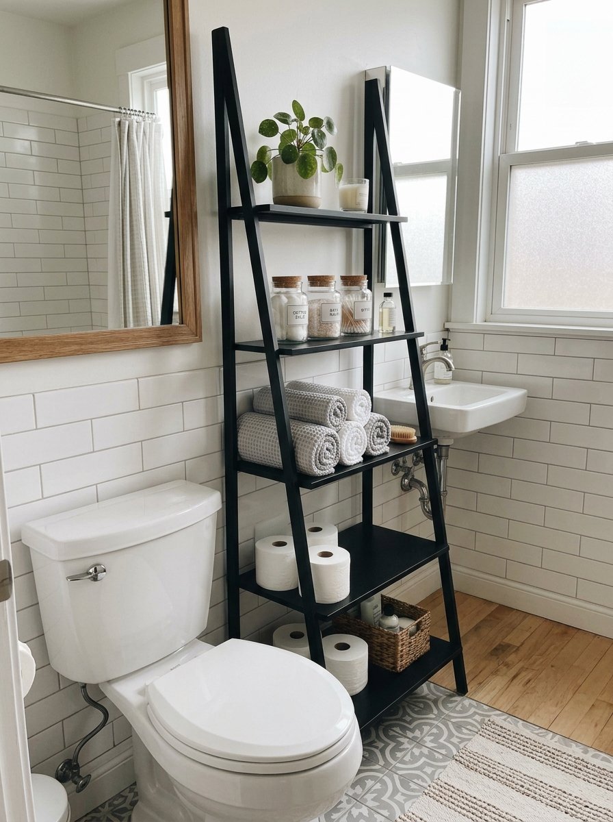 Modern black leaning shelf holding rolled towels, toilet paper, and decorative jars in a tiled bathroom.