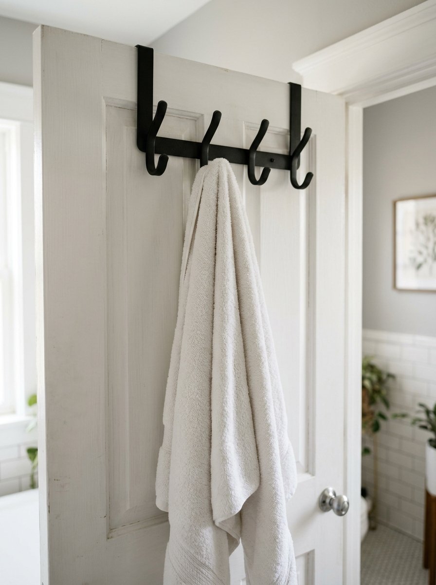 A fluffy white towel draped over a black metal organizer hook mounted on a white bathroom door.