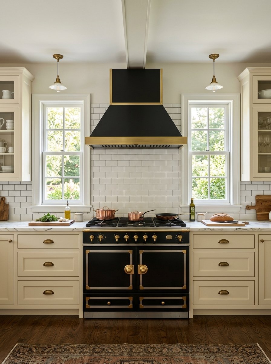 Cream cabinetry and subway tile backsplash surround a black and brass industrial style gas range with matching stove hood.