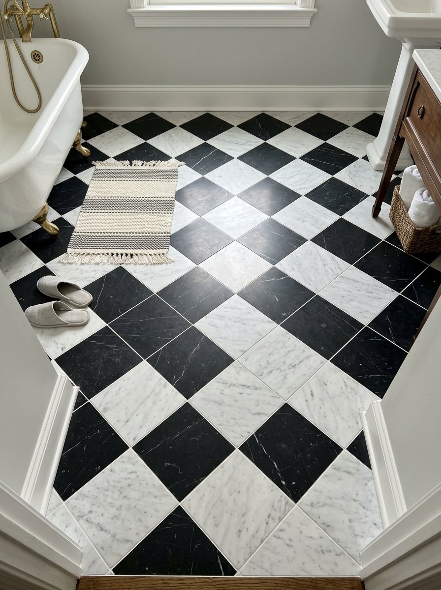 High angle view of a bathroom floor with diamond-shaped black and white tiles, a small rug, and grey slippers.