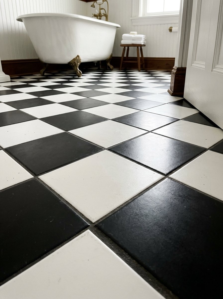 Perspective view of a bathroom floor with alternating black and white square tiles leading to a vintage bathtub.