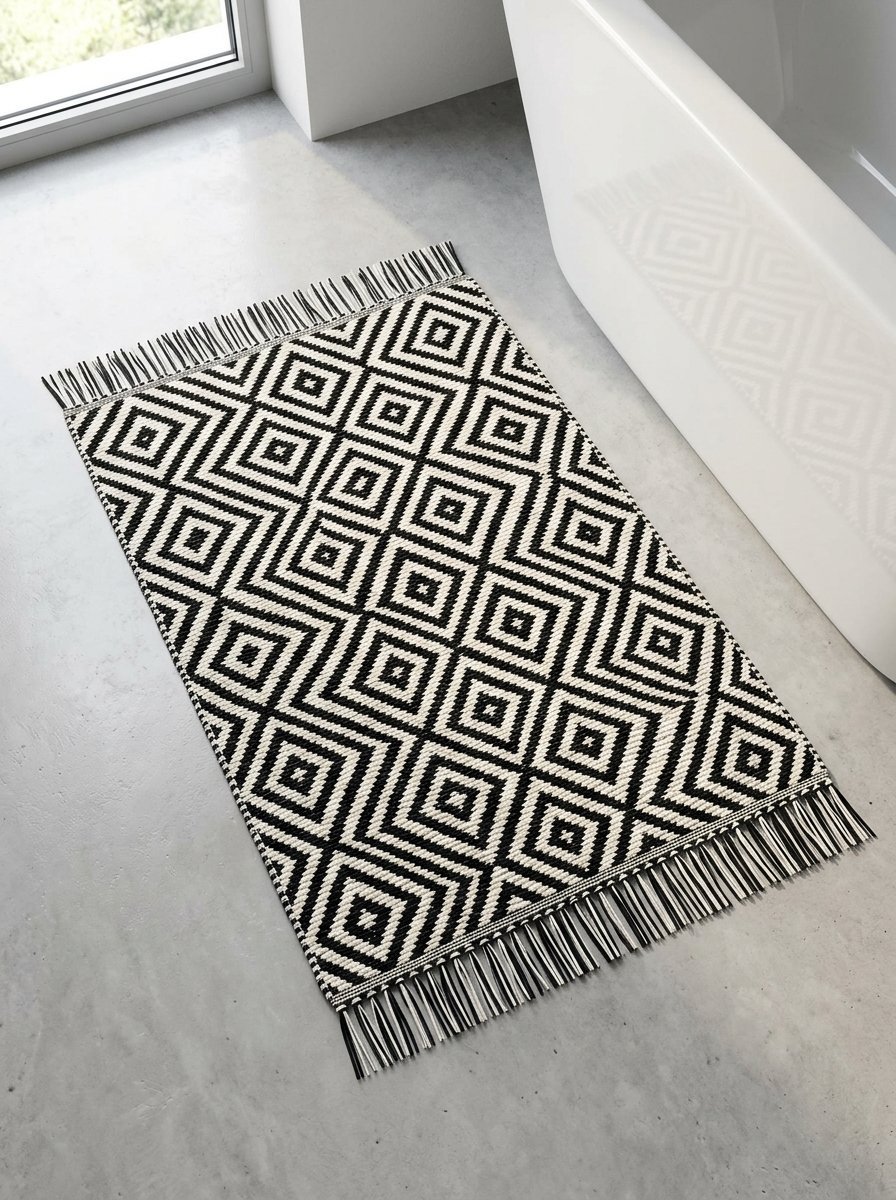 A rectangular woven rug with a black and white diamond pattern and tassels placed next to a modern white bathtub.