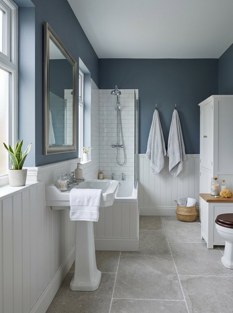Elegant bathroom with blue walls, white beadboard, pedestal sink, and a shower-tub combination.