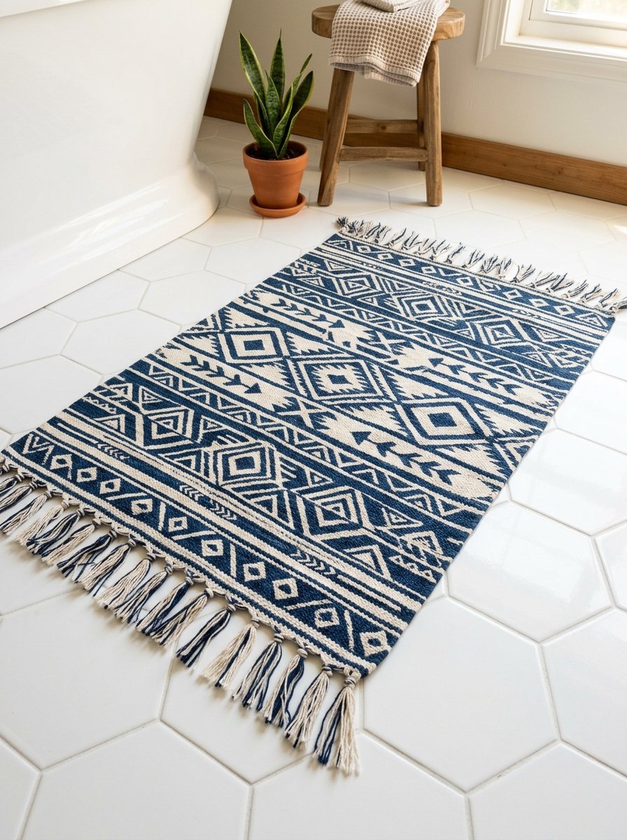 Rectangular woven rug with blue geometric tribal patterns and fringe sitting on a white hexagonal tile floor.