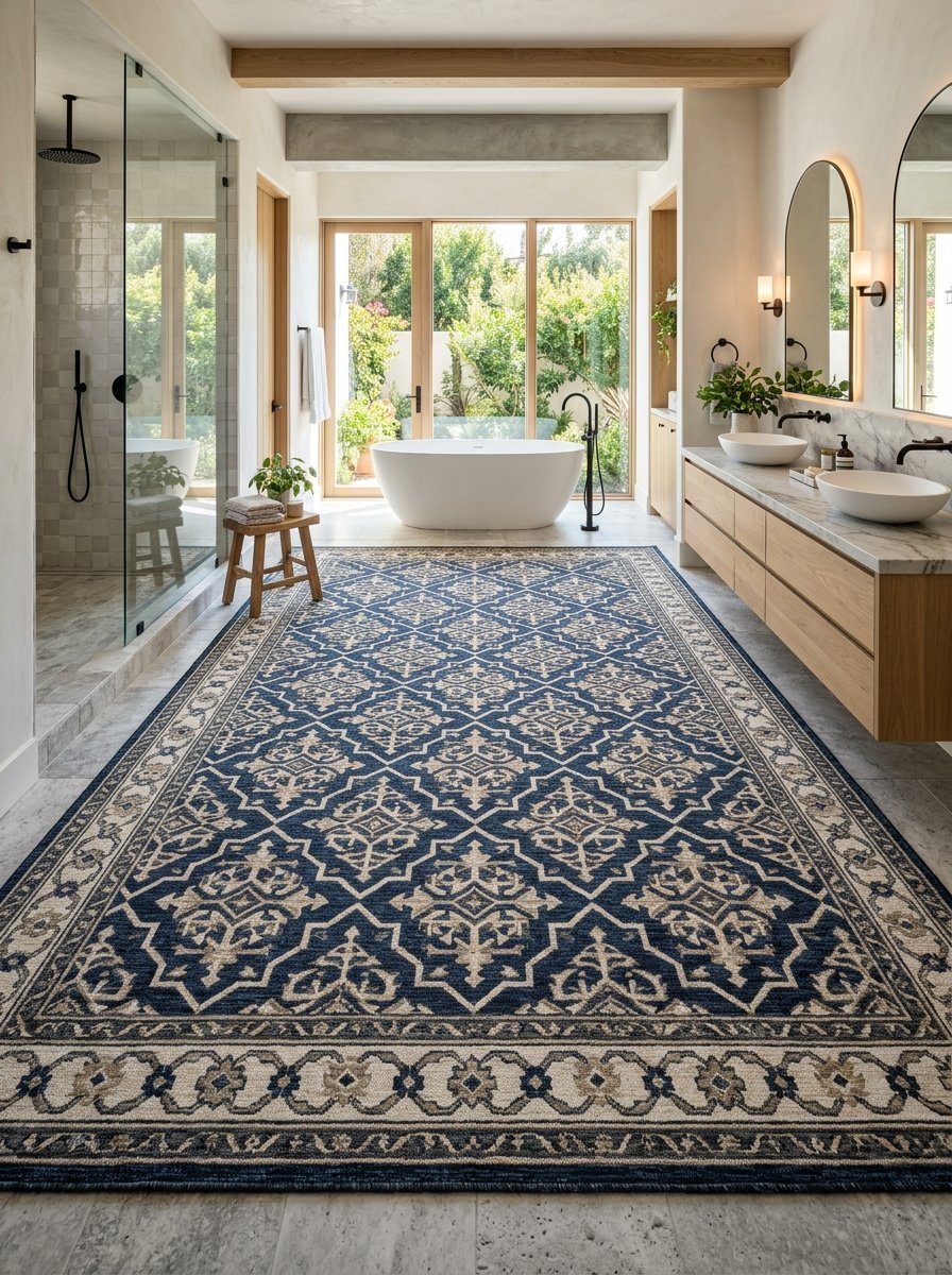 A rectangular blue and beige patterned area rug covering the floor of a bright, contemporary bathroom.