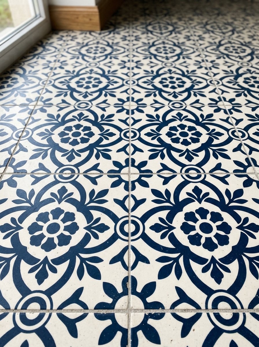 Close up of decorative dark blue floral tile pattern on a white background with a wood baseboard.