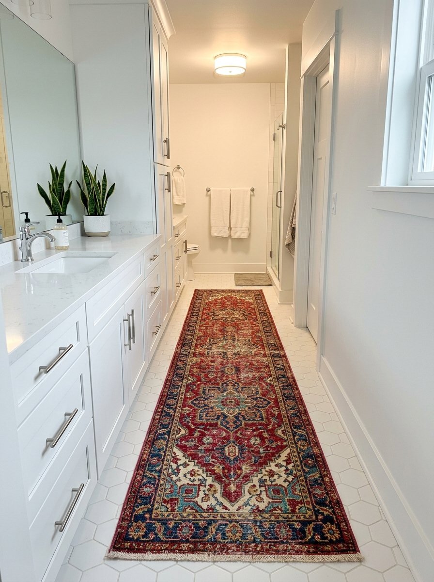 A long red, blue, and cream patterned runner rug centered on white hexagonal tile bathroom flooring.