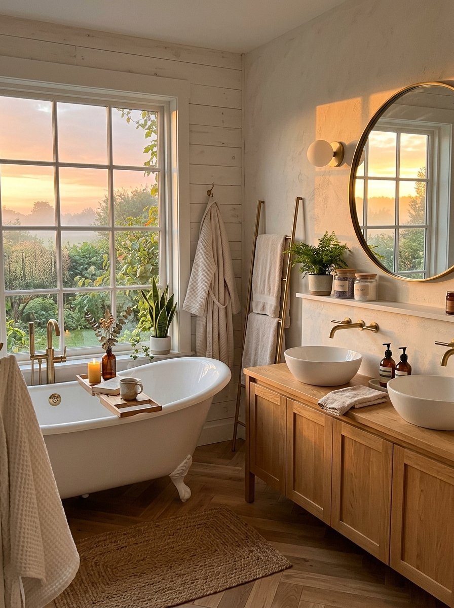 A serene rustic bathroom with a white soaking tub, wooden double vanity, and large windows overlooking a golden sunset.