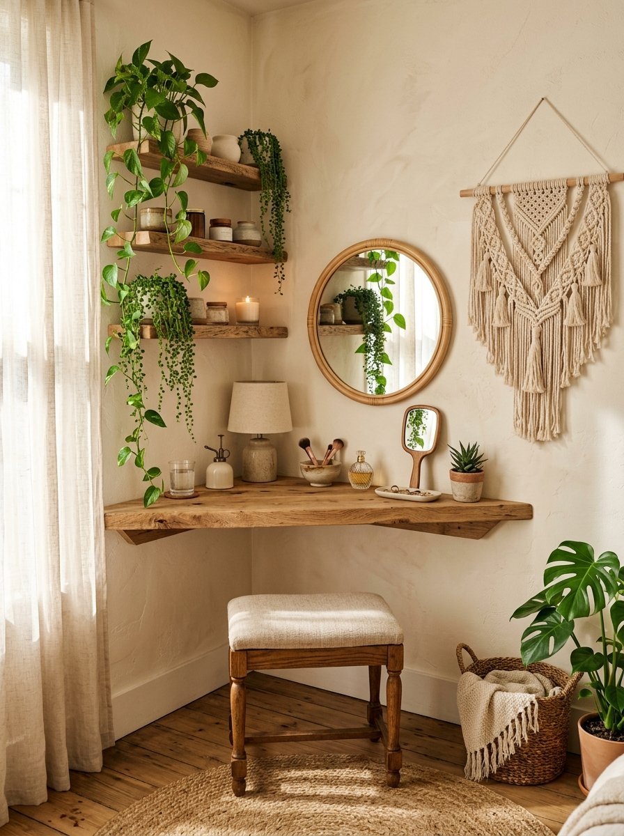 A rustic wood floating corner desk with a stool, mirror, and hanging pothos plants in a sunlit room.