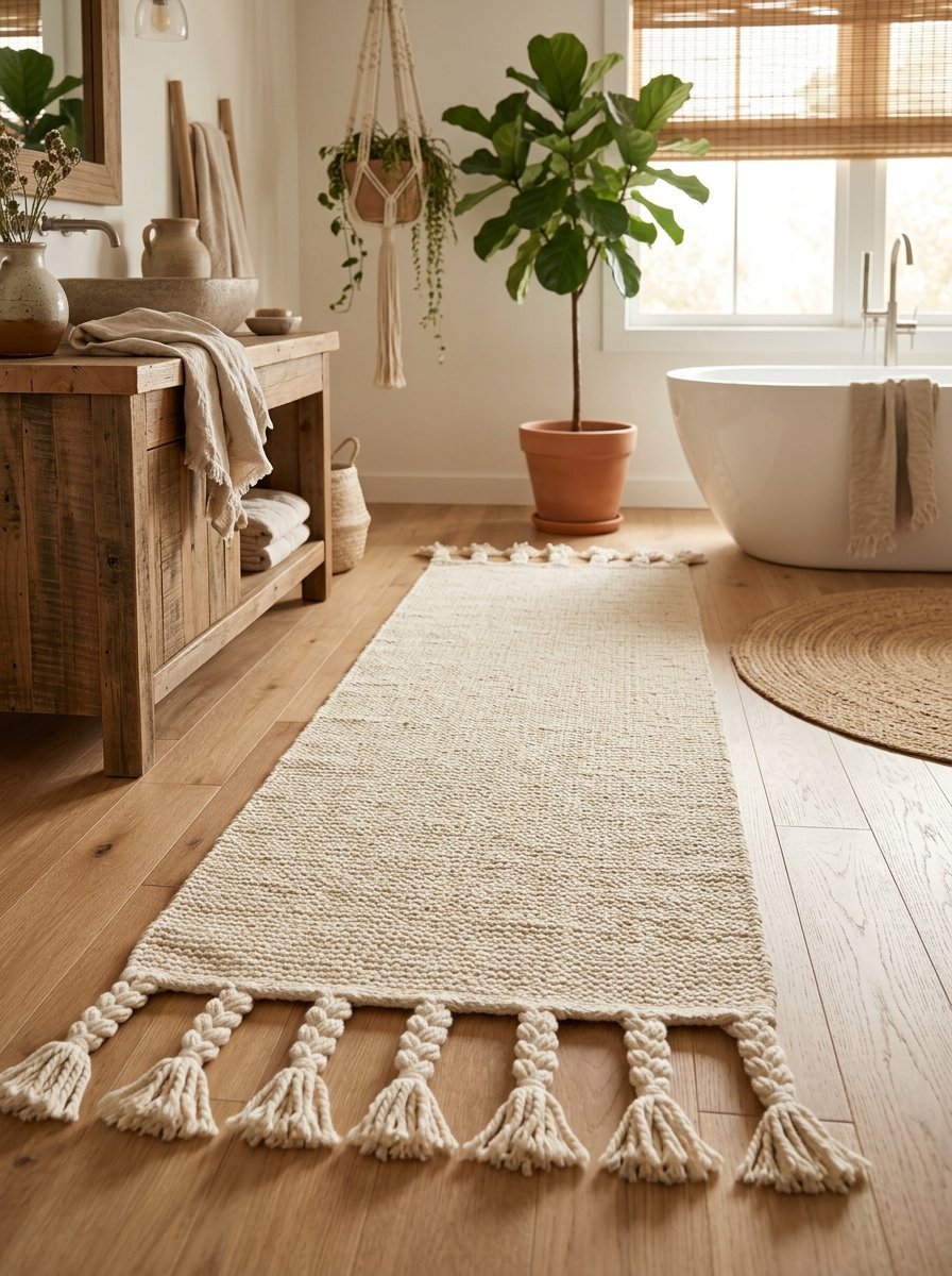 A beige textured runner rug with braided fringe edges on a light hardwood bathroom floor.