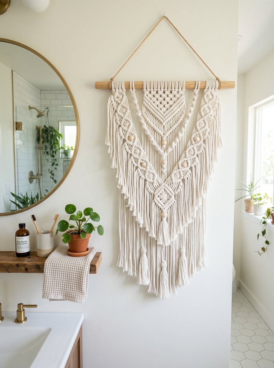 Intricate white fiber macrame tapestry with wooden beads hung on a light wood dowel in a modern home bathroom.