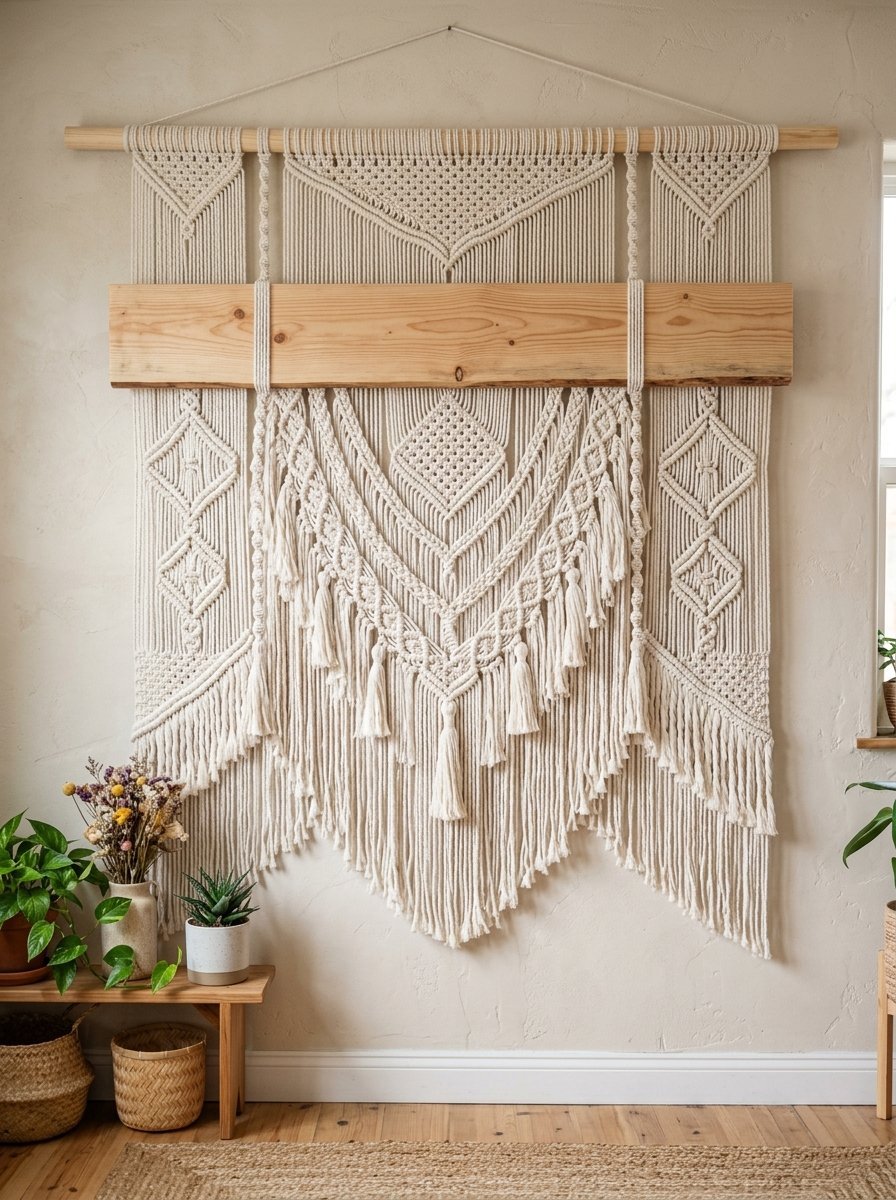 Cream colored woven tapestry with tassels hanging on a wall above a wooden bench with potted plants.