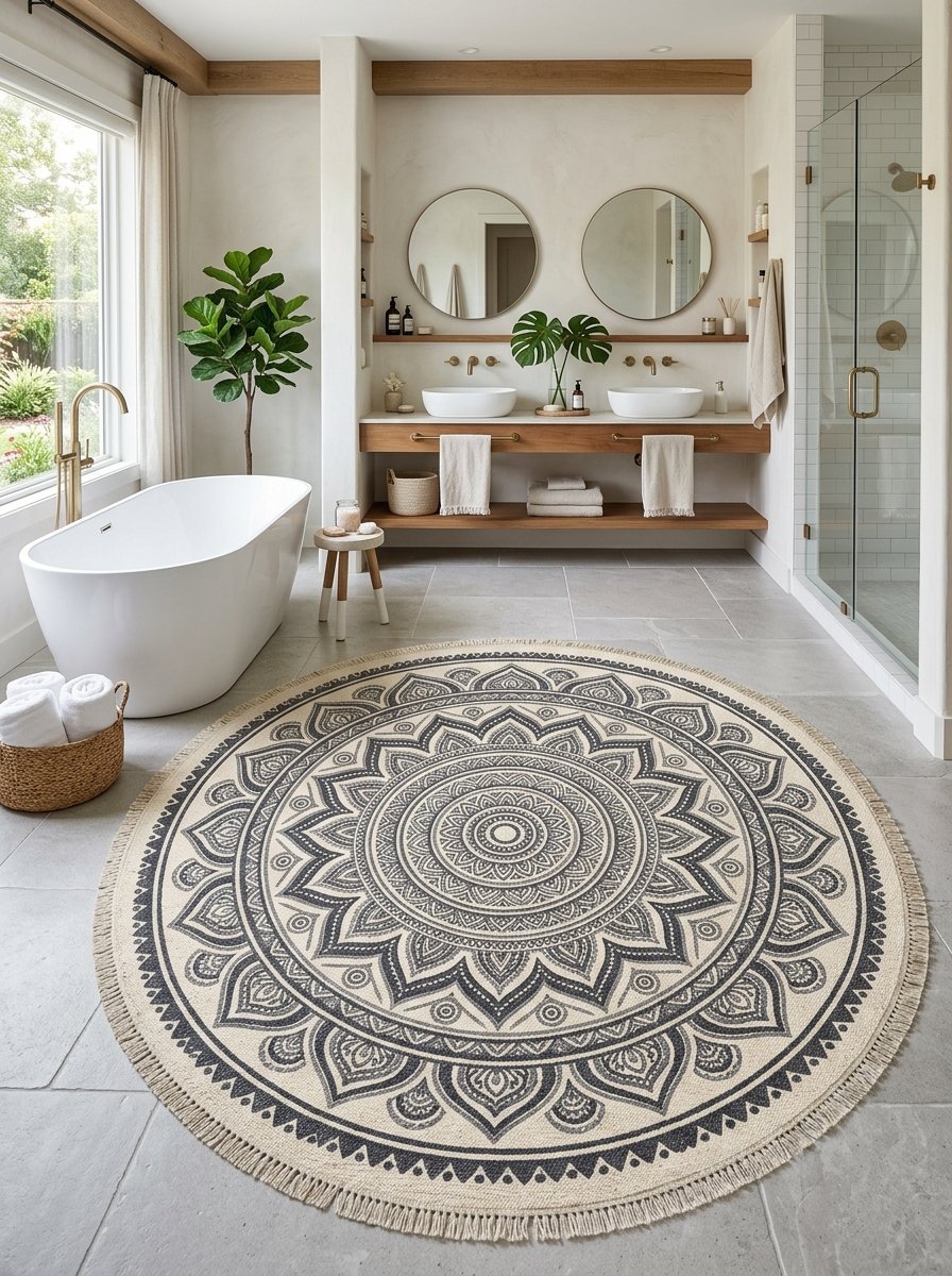 Large round woven rug with grey and cream bohemian mandala design placed in a light-filled contemporary bathroom.