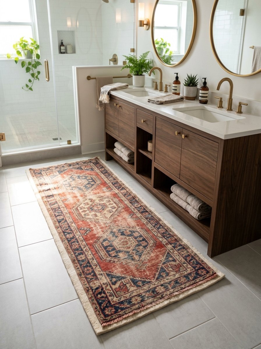 Long rectangular area rug with red and blue traditional pattern lying on light gray bathroom floor tiles.