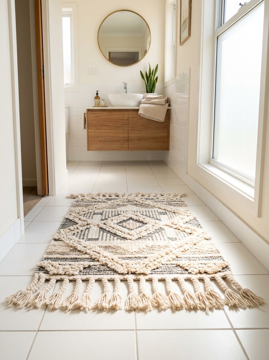 A beige and charcoal patterned area rug with thick tassels laid on a white tiled bathroom floor.