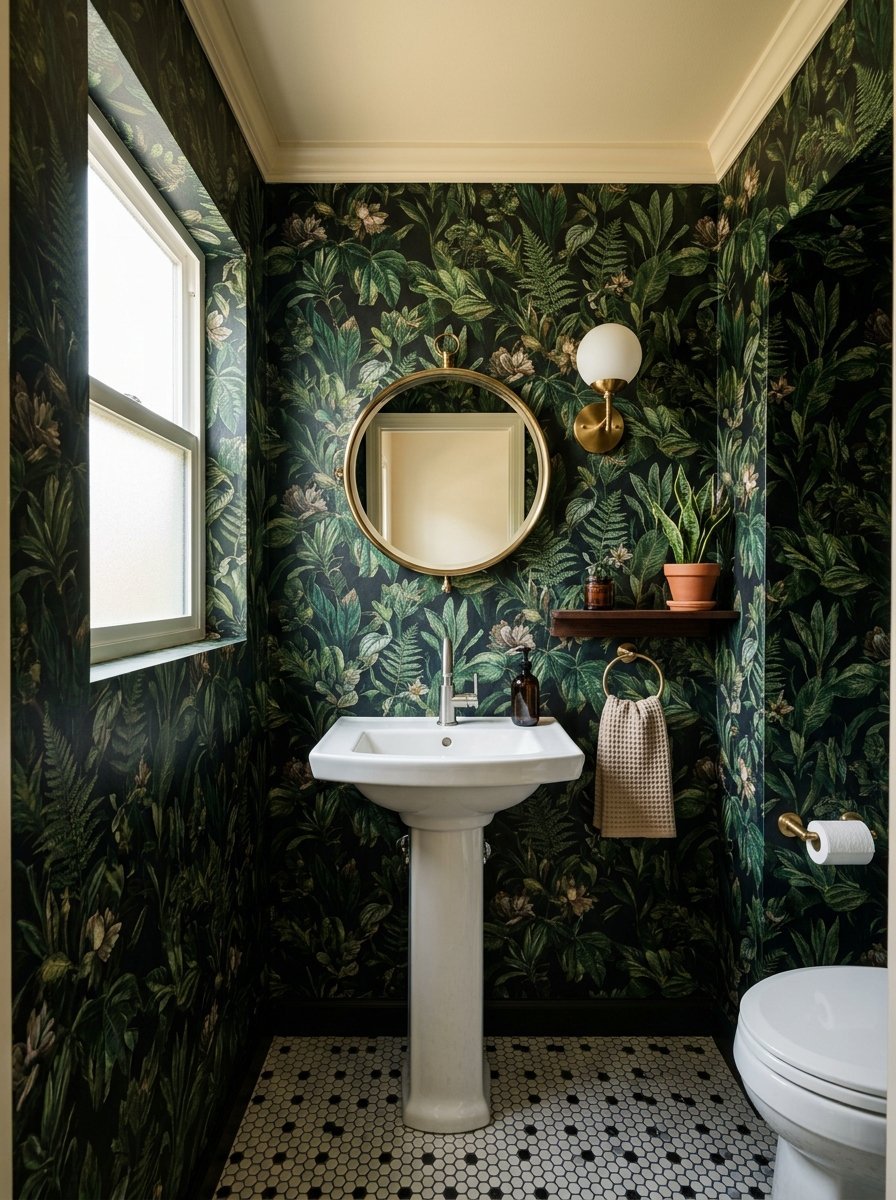 A pedestal sink in a powder room with dramatic, dark green botanical patterned wallpaper and hexagonal tile flooring.