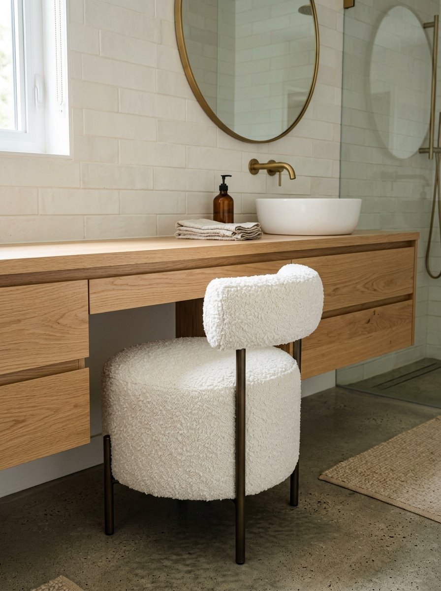 A white textured boucle chair positioned under a minimalist wooden floating bathroom vanity with a ceramic vessel sink.