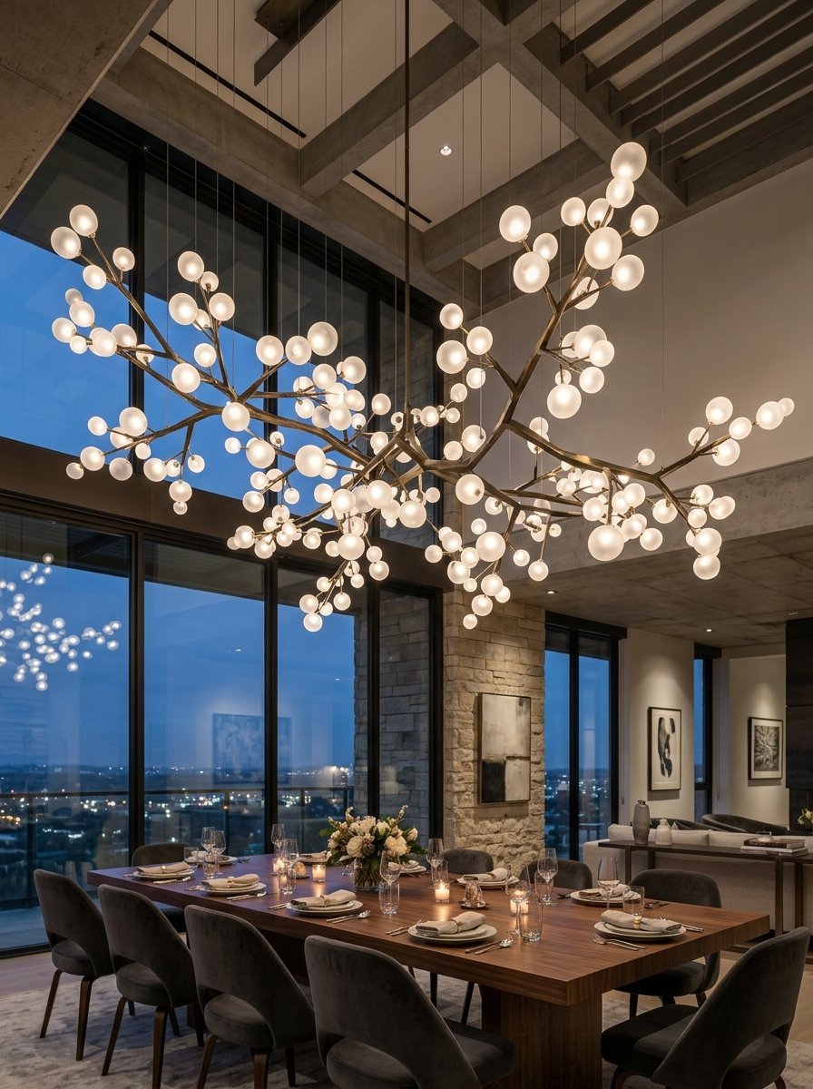 Large artistic light fixture with numerous frosted glass spheres hanging over a long wooden table.