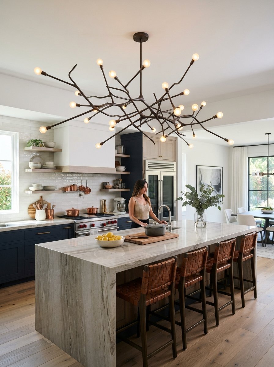 A large, dark brown branching light fixture hangs over a marble kitchen island with woven leather bar stools.