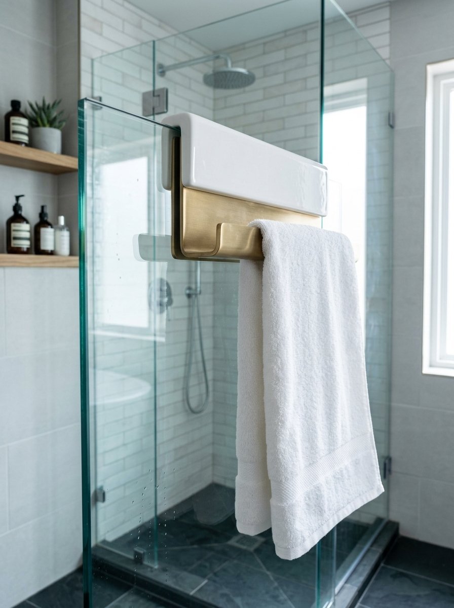 Close-up of a white hand towel draped over a brass and white ceramic towel rail on a glass shower door.