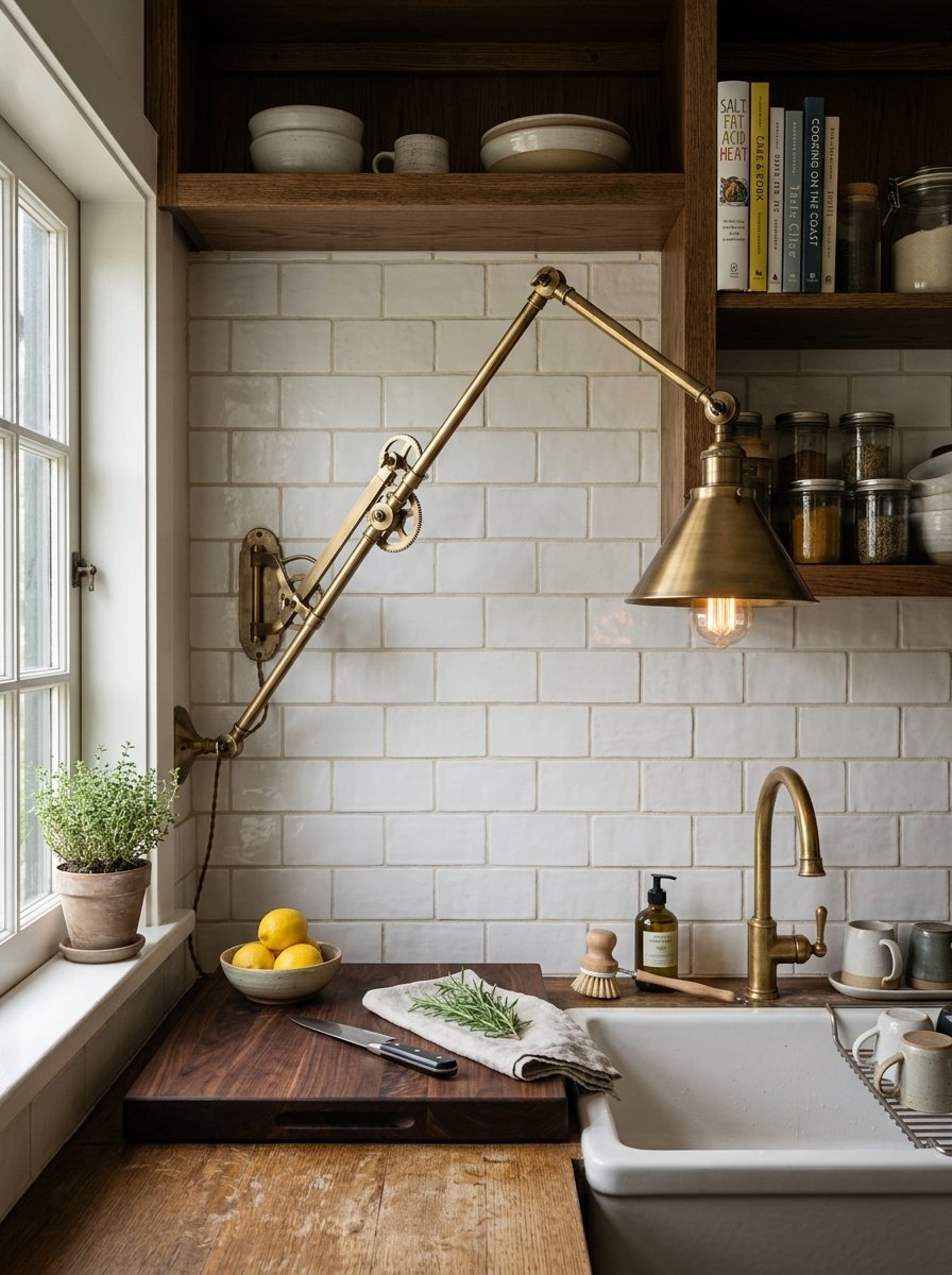 An adjustable brass sconce light mounted above a kitchen sink with a wooden cutting board and lemons.