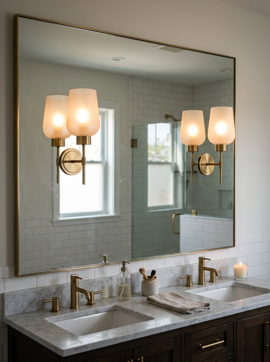 A double bathroom vanity with marble top, gold faucets, and reflection of sconce lighting in a large rectangular mirror.