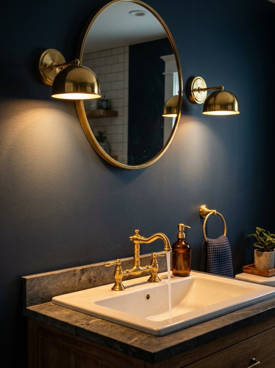 Modern bathroom sink with brass faucet, gold wall lamps, and a round mirror against a dark blue background.